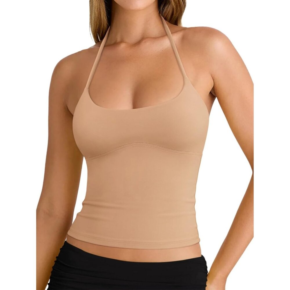 Women's Tank Top Tan Backless Halter Neck Y2k Trendy Camisole Summer Comfort